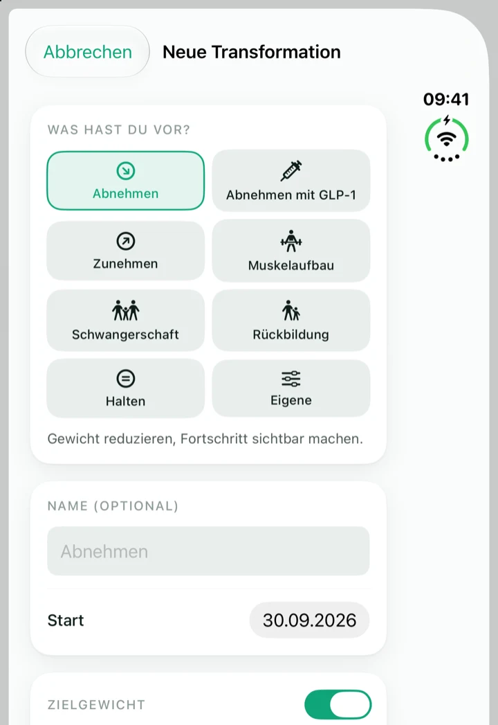Formwandel auf dem zugeklappten iPhone Duo: Neue Transformation anlegen mit acht Typen — Abnehmen, Abnehmen mit GLP-1, Zunehmen, Muskelaufbau, Schwangerschaft, Rückbildung, Halten und Eigene — plus Startdatum, Zielgewicht und Eintragsintervall