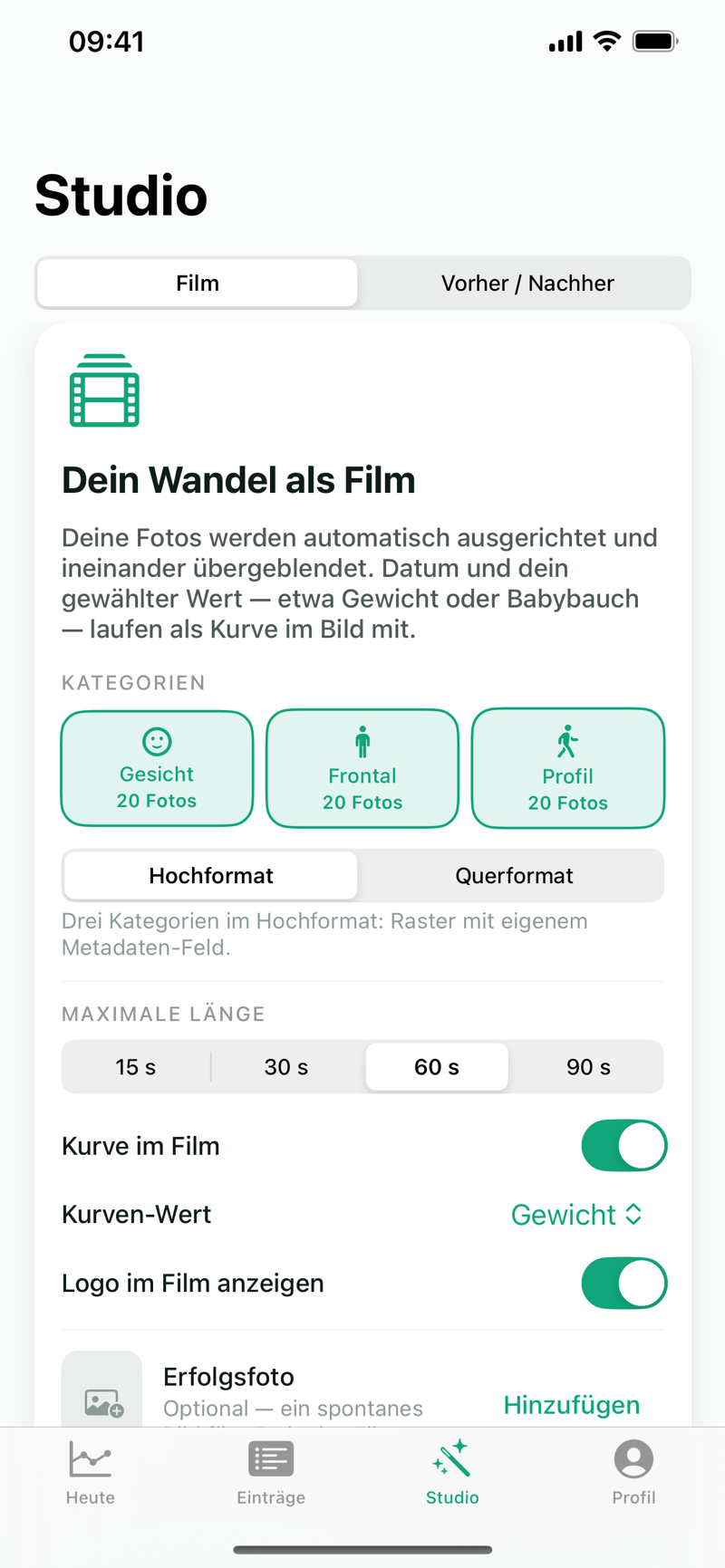 Formwandel Studio: Film konfigurieren mit Kategorien, Hoch- oder Querformat, maximaler Länge und Kurven-Wert