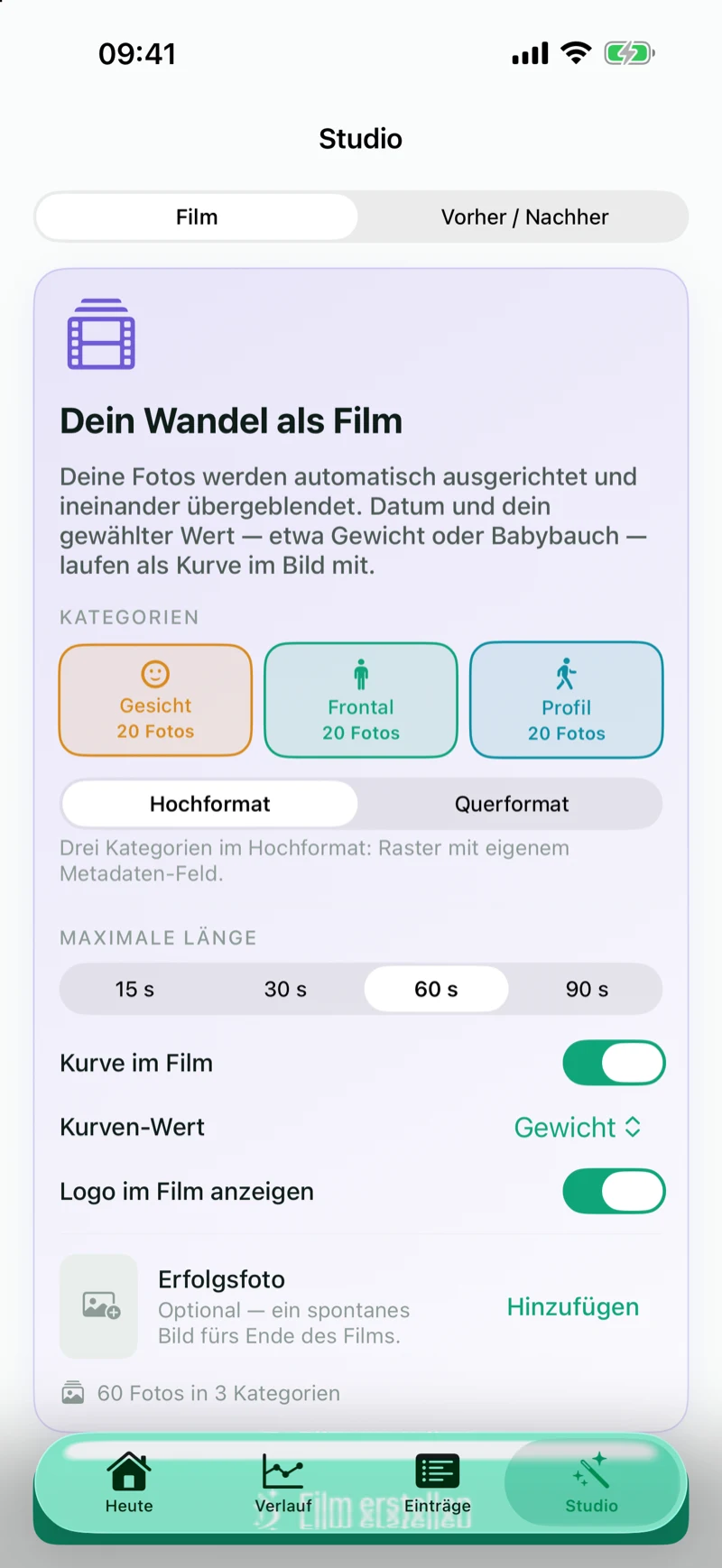 Formwandel Studio: Film konfigurieren mit den Kategorien Gesicht, Frontal und Profil, Hoch- oder Querformat, maximaler Länge, Kurve im Film und Kurven-Wert