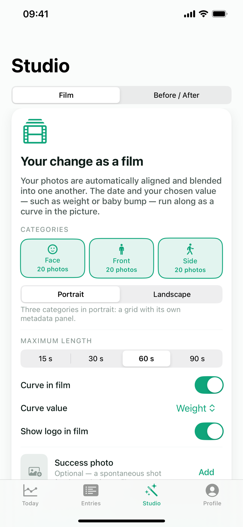Formwandel Studio: configuring the film with categories, portrait or landscape, maximum length and curve value