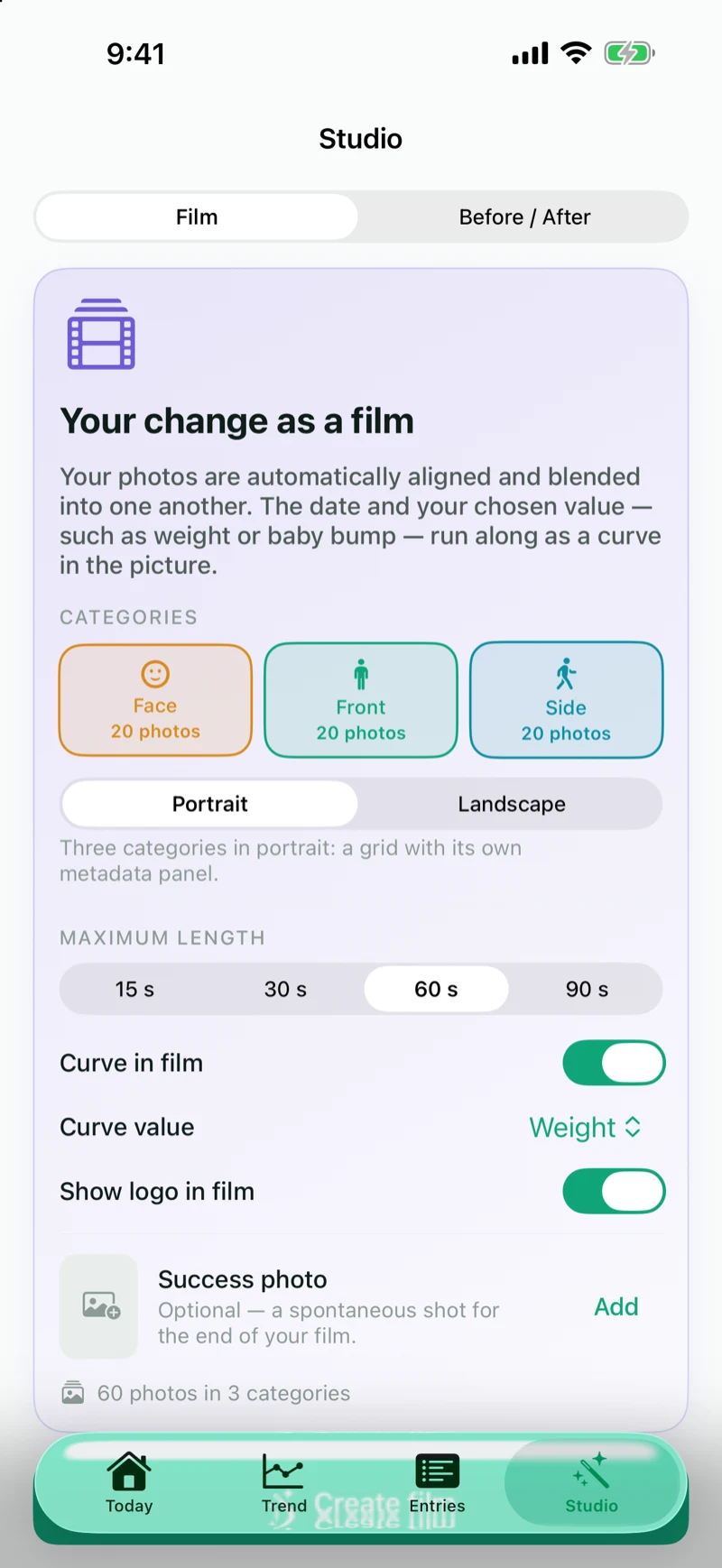 Formwandel Studio: configuring the film with the categories Face, Front and Profile, portrait or landscape, maximum length, curve in the film and curve value