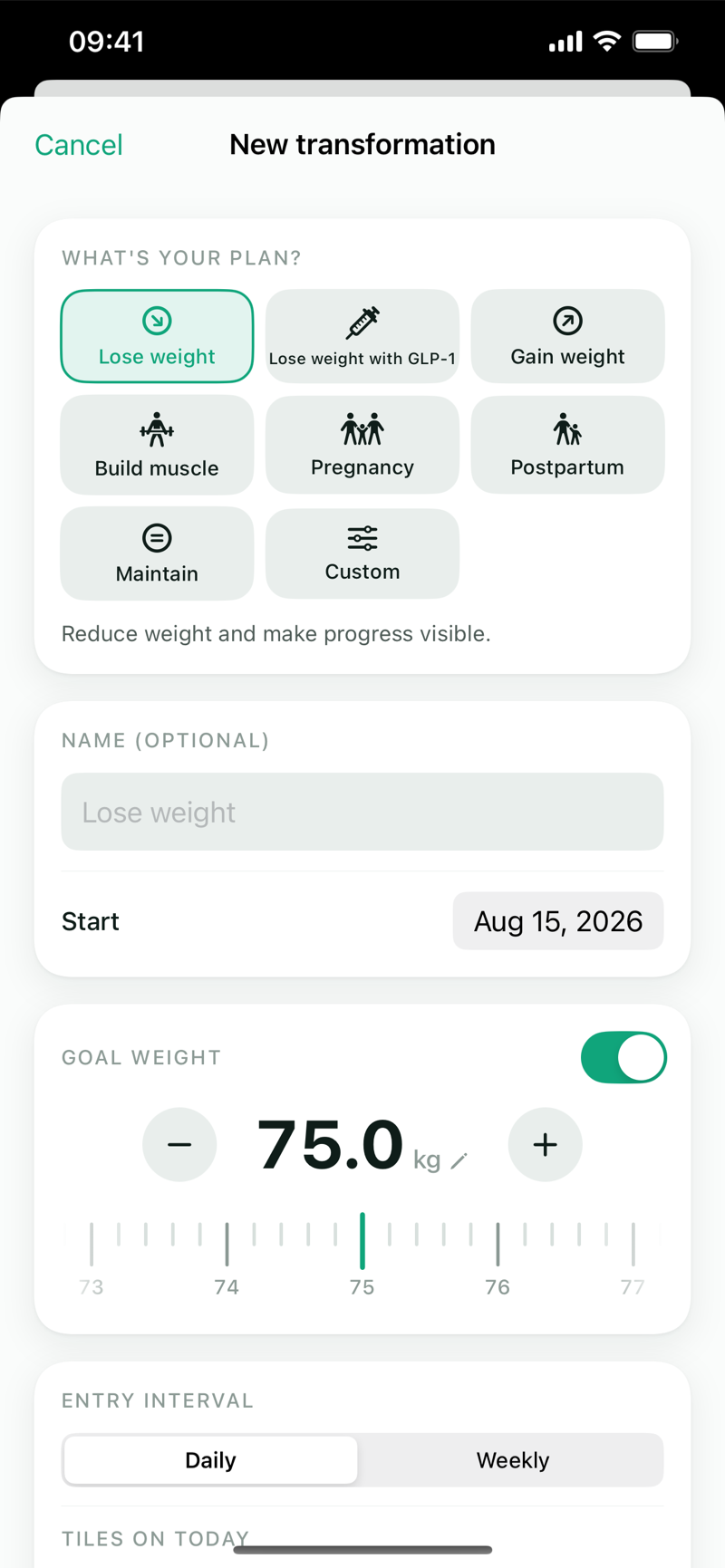Formwandel: creating a new transformation with eight types — losing weight, losing weight with GLP-1, gaining weight, muscle gain, pregnancy, postpartum recovery, maintaining and custom — plus goal weight and entry interval