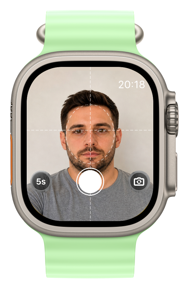 Formwandel auf der Apple Watch: Live-Vorschau des iPhone-Kamerabilds mit 5-Sekunden-Timer, Auslöser und Button zum Kamerawechsel